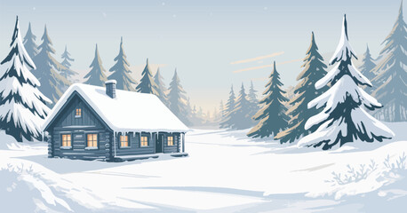 Christmas Winter Landscape Background with Snow-Covered Trees and Peaceful Scenery, Holiday Season Vector Illustration, Festive Snowy Nature Design for Greeting Cards and Seasonal Decor