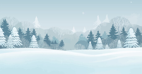 Christmas Winter Landscape Background with Snow-Covered Trees and Peaceful Scenery, Holiday Season Vector Illustration, Festive Snowy Nature Design for Greeting Cards and Seasonal Decor