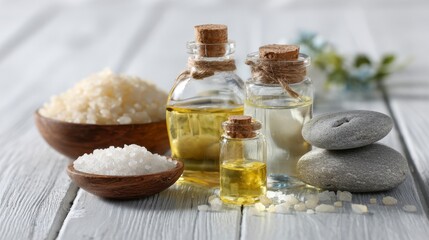 Spa scene wooden bowls of salts oil bottles grey stones on a white wood surface with flowers in background