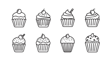 Collection of eight hand drawn cupcake illustrations in a simple silhouette style