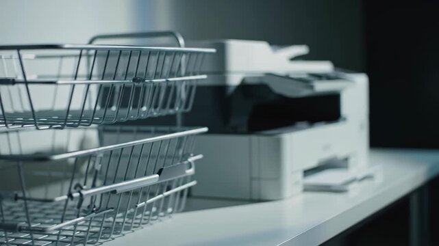 Wire mesh basket tray for office documents and files with printer, paperwork organization.