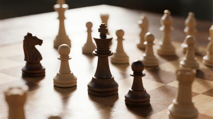 Strategically Arranged Board Game Pieces Highlighted by Warm Directional Lighting, Focused and Competitive Atmosphere