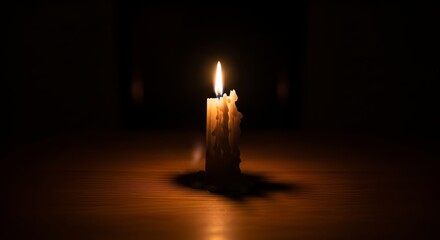 A flickering candle casts a warm glow in a dimly lit space.