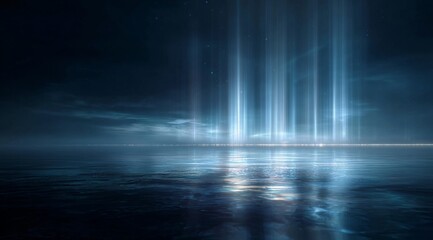Abstract Ocean with Glowing Light Beams on Dark Background.