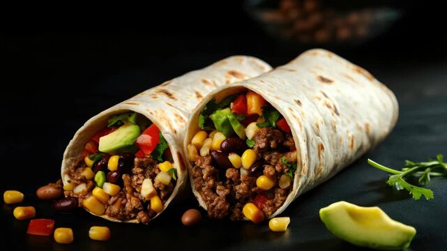 Two burritos with beans and corn on a black table. One of the burritos is open