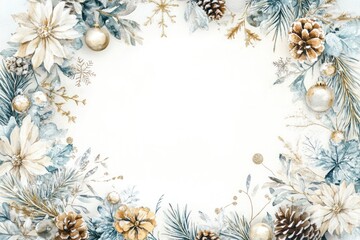 Obraz premium Watercolor pastel light blue and beige winter wreath with snowflakes christmas ornaments design.