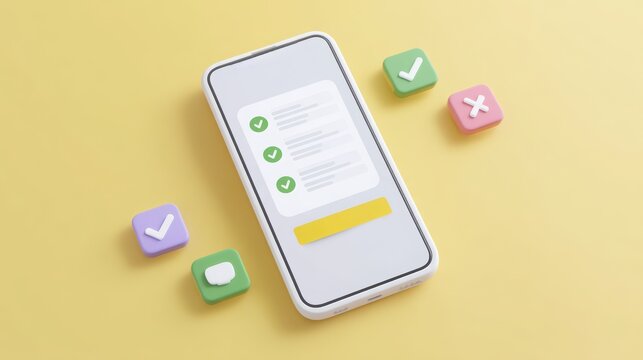 Social Media Marketing Smartphone displaying checklist with colorful interactive buttons on a yellow background.