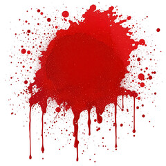 Vibrant crimson red paint splatter with dripping effect and scattered droplets, abstract artistic expression