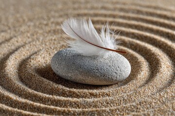Calm stone with feather on textured sand background.