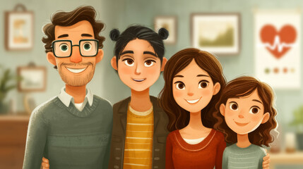 Friendly family portrait in a cozy room with health-oriented decor and smiles