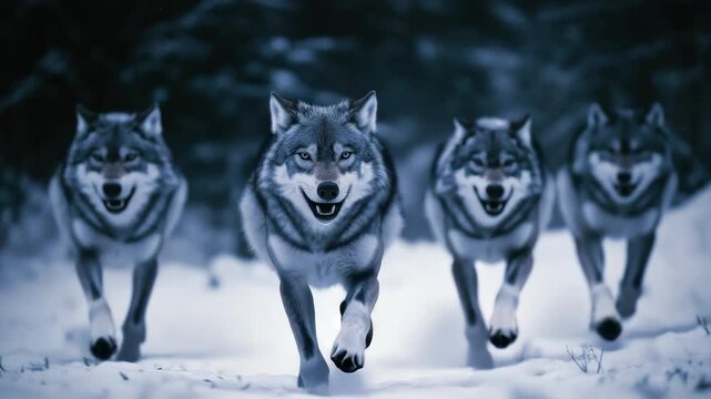 Pack of wolves running through a snowy forest at night.