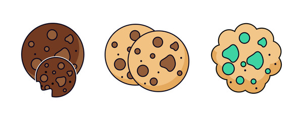 A simple graphic of three types of cookies on a white background. One has a bite taken out, one is a classic chocolate chip, and another is a unique blue and green cookie.