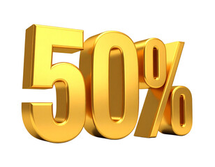 3D Golden &lsquo;50%&rsquo; Symbol, isolated on white background PNG