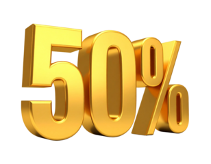 3D Golden ‘50%’ Symbol, isolated on white background PNG