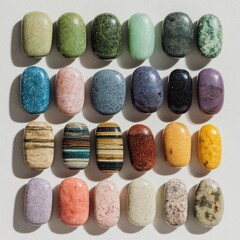 Colorful stone samples arranged in a grid pattern on a light background.