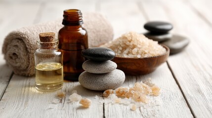 Spa still life oil bottles stones salt in a wooden bowl and rolled towel on white wood surface