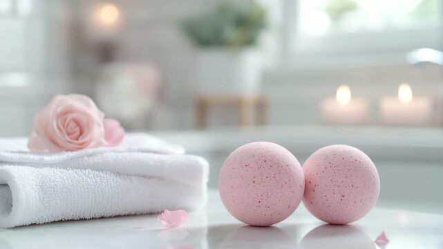Pink bath bombs sit on a marble countertop with a rose and white towels, creating a relaxing spa-like atmosphere