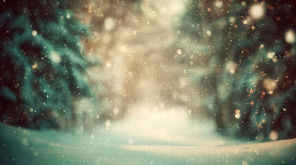 Dreamy Christmas Snow Walk captured in soft falling snow, glowing bokeh lights and blurred forest in magical winter atmosphere.
