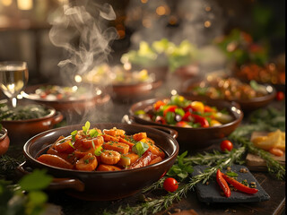 Red and white wine with beans and olives served with delicious food and vegetables