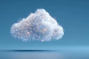 Futuristic cloud computing technology with a glowing particle network on a blue background.