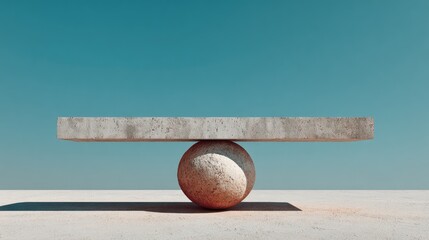 Minimalist sculpture balancing on a sphere against a blue sky.