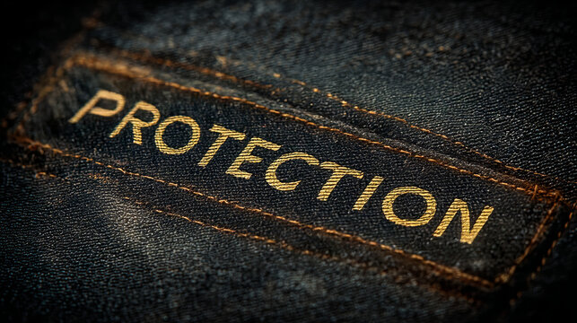 Protection text embroidered on dark fabric with detailed stitching and texture - Powered by Adobe