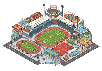 Vibrant isometric sports complex showcasing diverse athletic facilities and vibrant community spaces