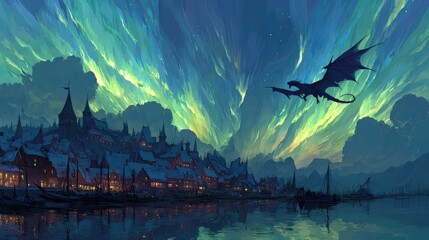 Fantasy landscape with a dragon flying over a vibrant city at dusk.