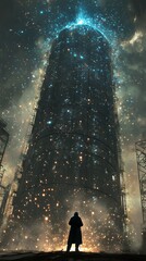 A lone figure in a long coat observes a massive, glowing futuristic tower under a starry night sky