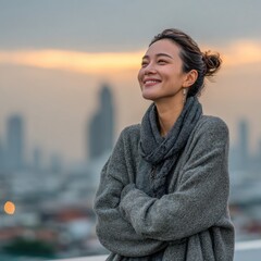 Smiling woman in a cozy sweater against a city skyline at sunset.