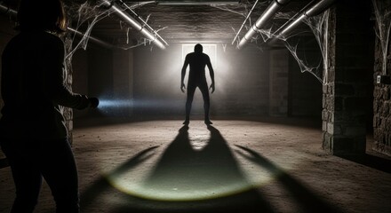 Woman shining flashlight on a scary monster silhouette in a dark, dusty basement covered in creepy spider web. Horror concept.