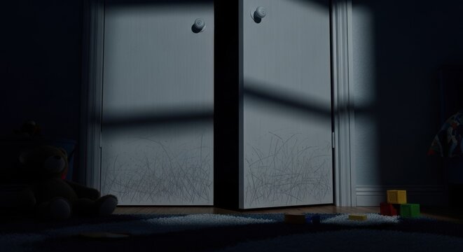 Scary closet door with scratch mark in dark child bedroom at night, spooky atmosphere of fear. Mysterious event. Halloween.