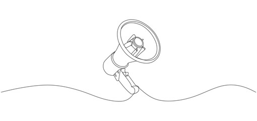 Minimalist one line drawing of a megaphone in continuous line art style. The illustration features a loudspeaker with a handle, created using a single flowing line, symbolizing communication