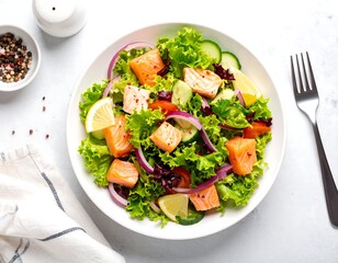 Salmon salad in white bowl, fresh ingredients