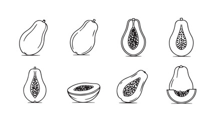 Collection of papaya fruit illustrations showing whole and halved pieces silhouette