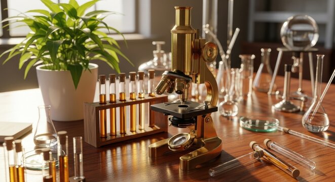 Vintage microscope and laboratory glassware on a wooden table in a science lab