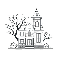A hand-drawn spooky haunted mansion with bare trees.