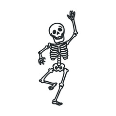 A simple drawing of a dancing skeleton waving with one hand.