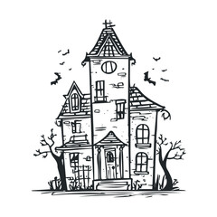 Fototapeta premium A spooky haunted house with bats flying overhead.