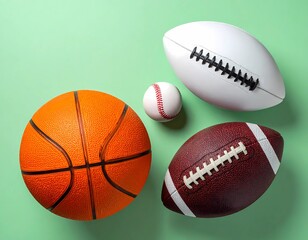 Flat Lay of Iconic American Sports Equipment Isolated on Sage Background