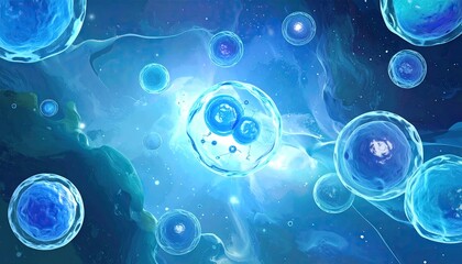Abstract Microscopic Cells with Nuclei in a Blue and White Fluid Environment Science Concept Rendered Illustration for Medical and Biological Research 3D