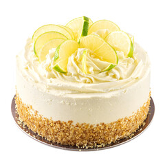 A gourmet whole key lime cheesecake beautifully decorated with fresh citrus slices and a crumb crust, presented on a pure white background