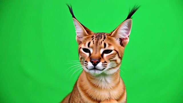 Adorable caracal kitten meows and looks directly at camera against bright green screen ready for keying, perfect for animal lovers