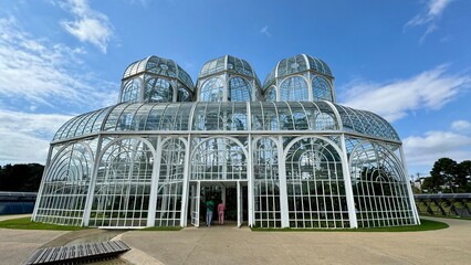 Front View of Glass Botanical Garden Architecture in Sunny Daytime