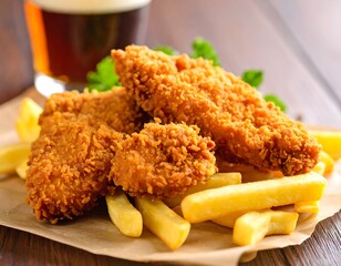 Crispy fried fish and chips on parchment paper