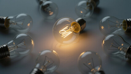 Central Glowing Bulb with Surrounding Unlit Bulbs on Dark Background - Symbolizing Unique Creativity Amidst Common Thought