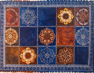 Blue and Brown Floral Textile Design with Geometric Pattern
