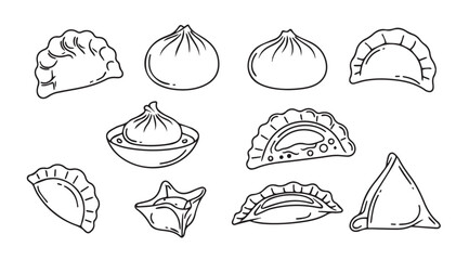 Collection of hand drawn dumpling and bao illustrations silhouette