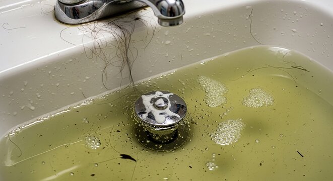 Clogged sink with dirty water and hair strands in a bathroom setting.