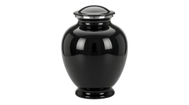 Elegant black funeral cremation urn for ashes as a memorial to remember a loved one